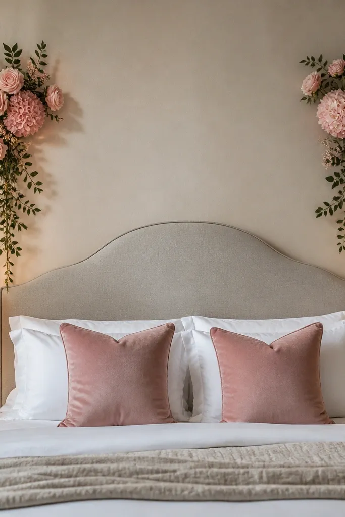 Two small flower clusters hanging on the wall above bedside tables