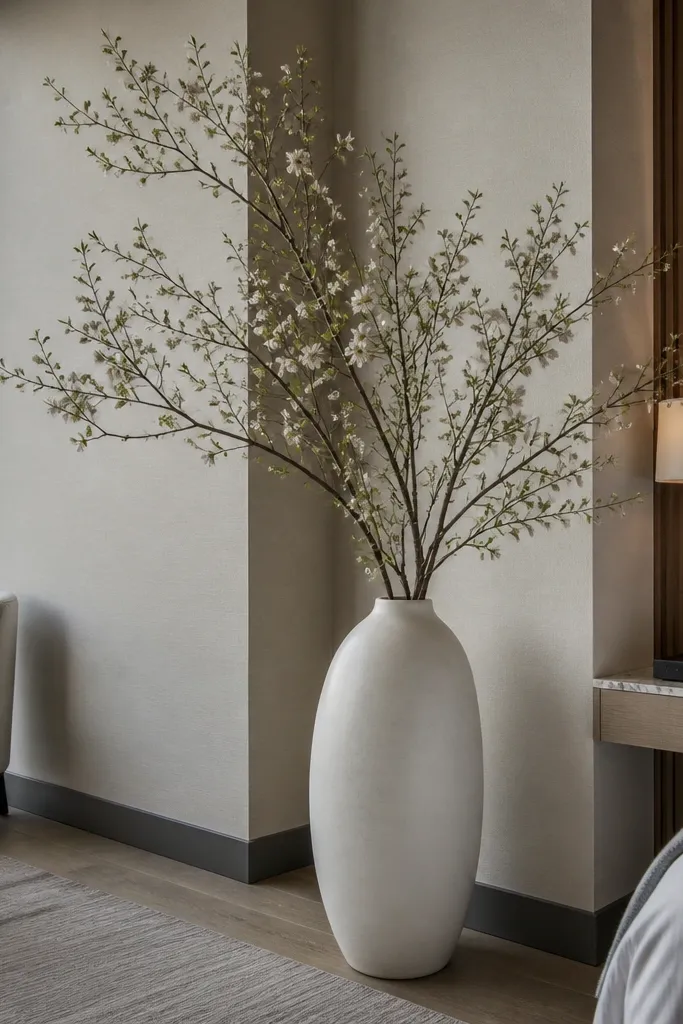 Tall floor vase in a room corner with one dramatic flower branch