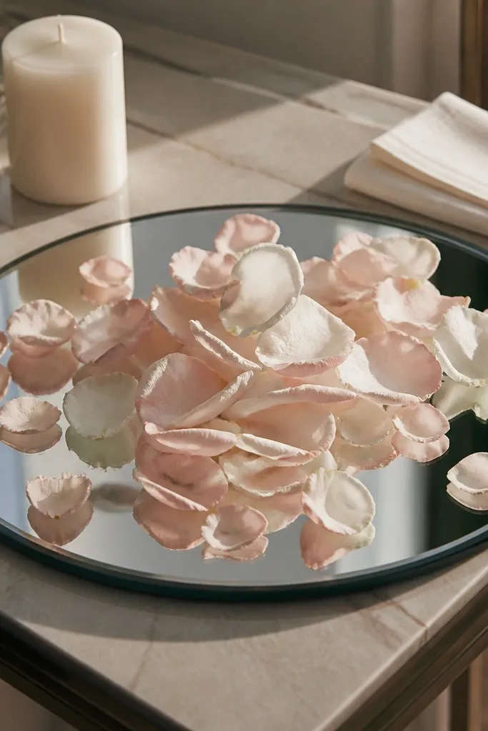 Small mirror on a table with scattered petals and tiny buds around it