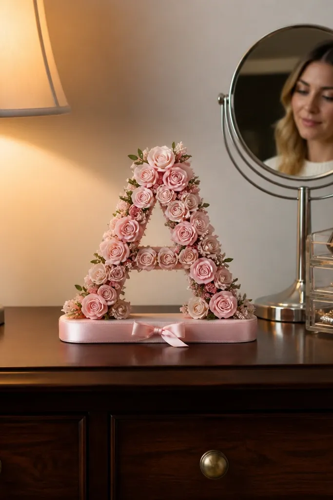 A dresser with a small floral letter arrangement and a tidy ribbon base