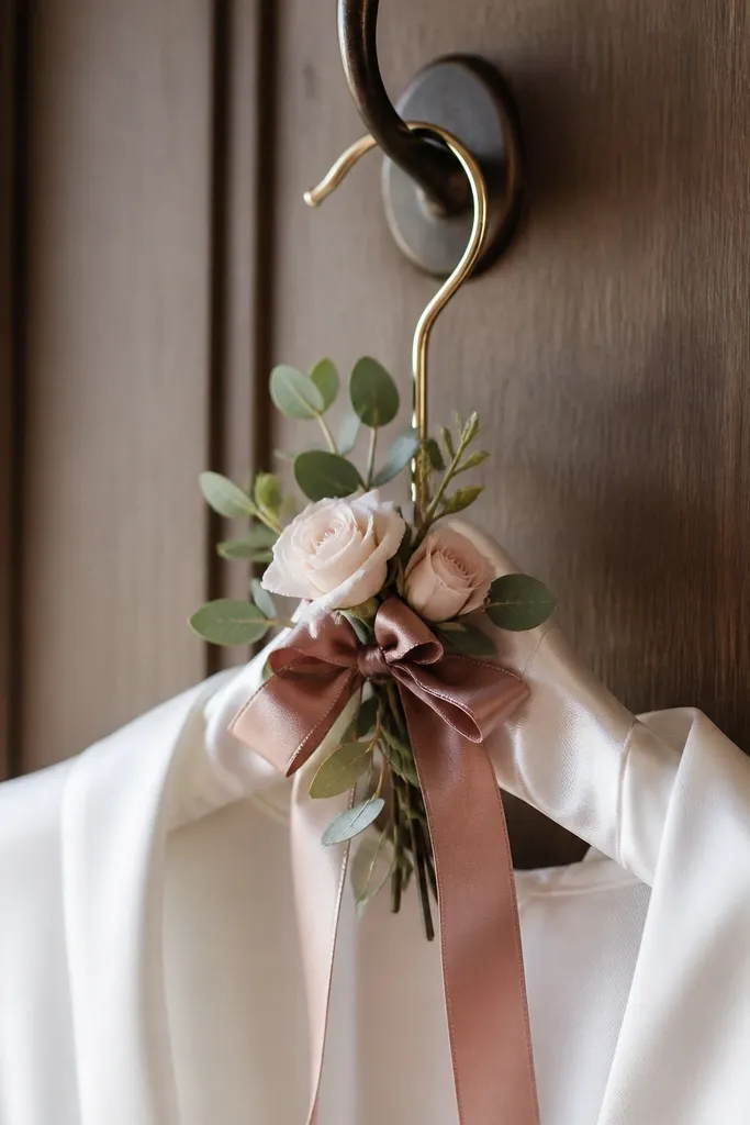 A robe on a hanger with a small floral sprig and satin tie attached