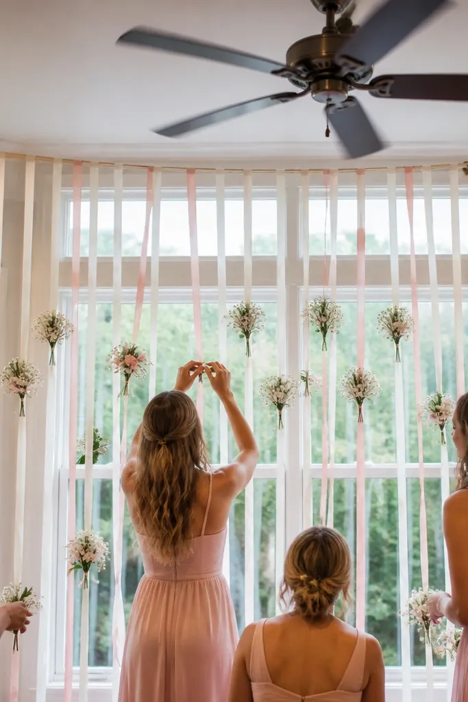 Light ribbons hanging near a window with tiny flower clusters spaced along them