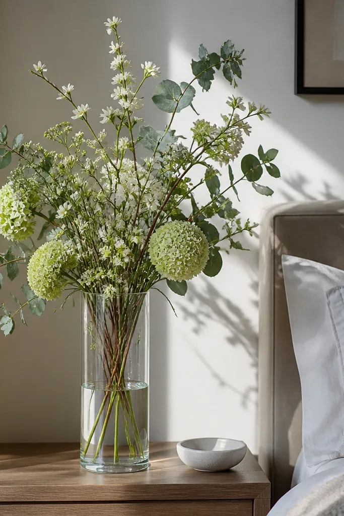Clear tall cylinder vase with airy faux flowers and greenery on a bedside table