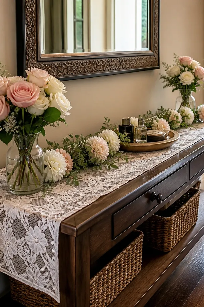 Small entry table with a long floral runner and two bud vases at the ends