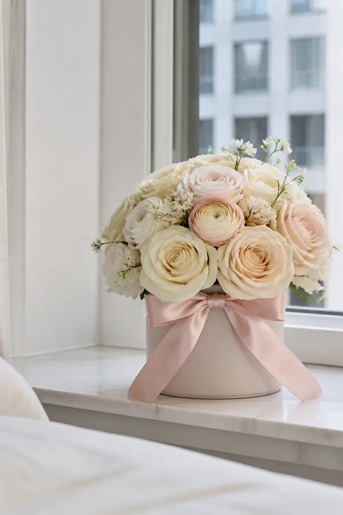 Mini bouquet on a window ledge with a neat ribbon bow and small greenery