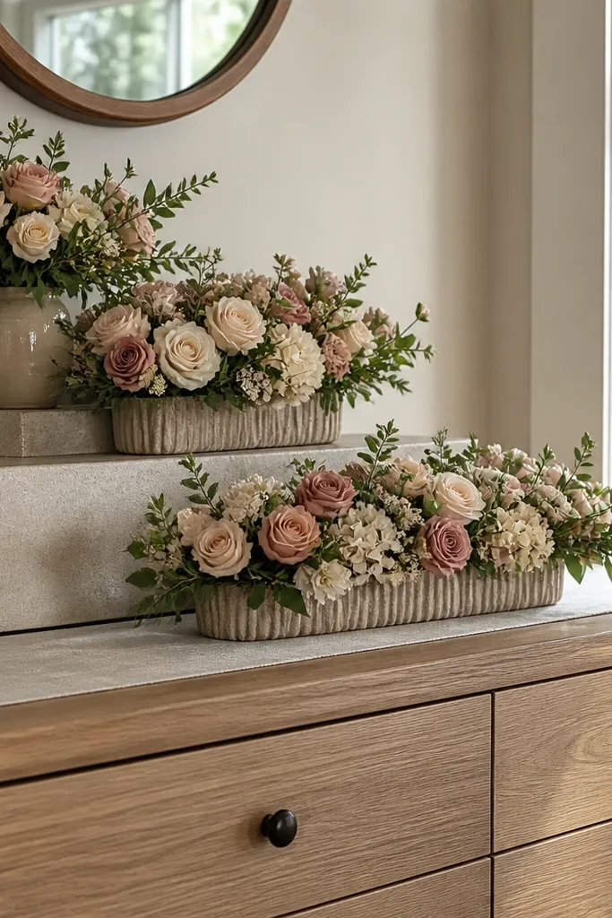 Dresser shelf with three tiers of flowers arranged like steps