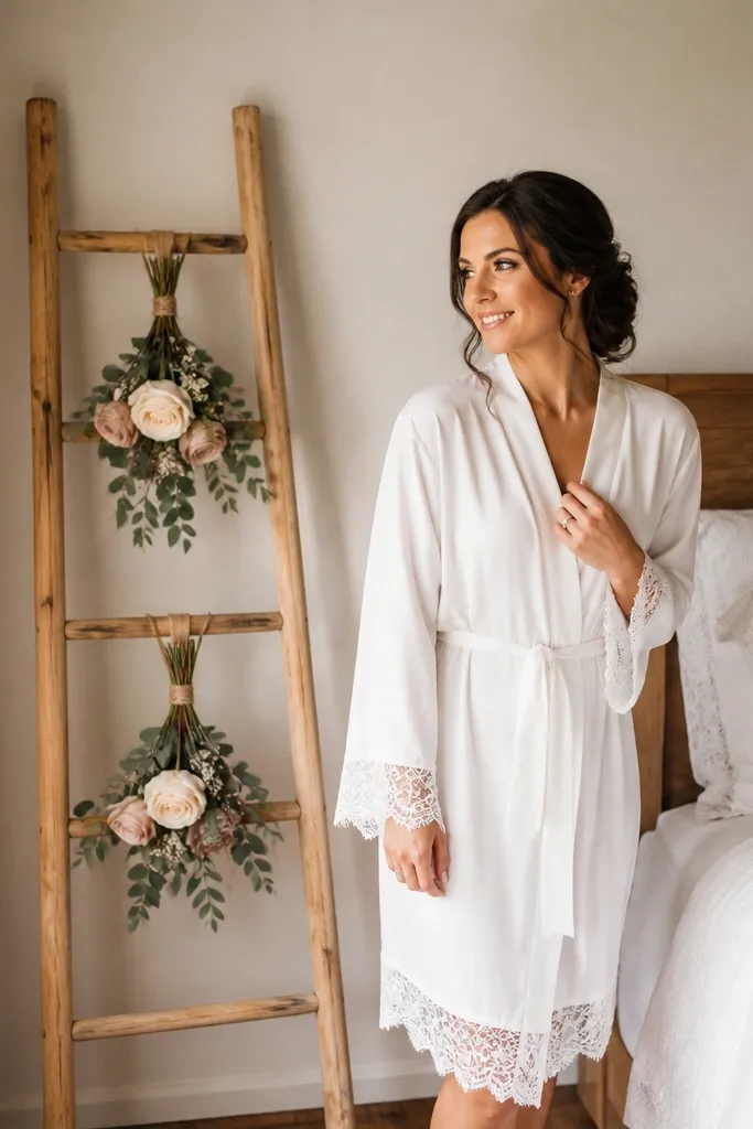 Small leaning ladder by the bed with two flower bundles hanging