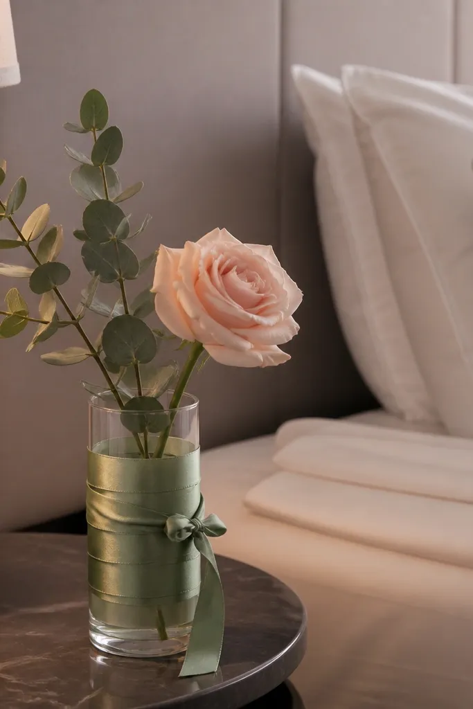 Small vase wrapped in satin ribbon with one flower sprig on a nightstand