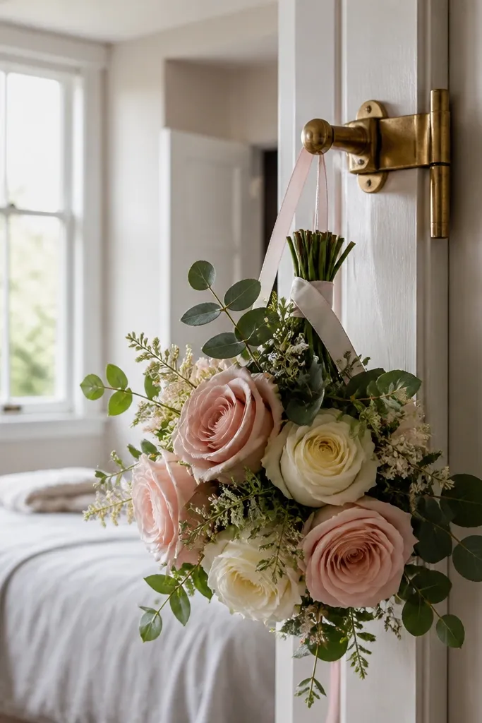 Small bouquet hanging from a hook on the inside of a bedroom door