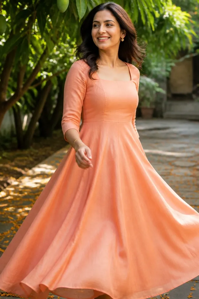 Peach A-line dress with square neckline and light gold earrings