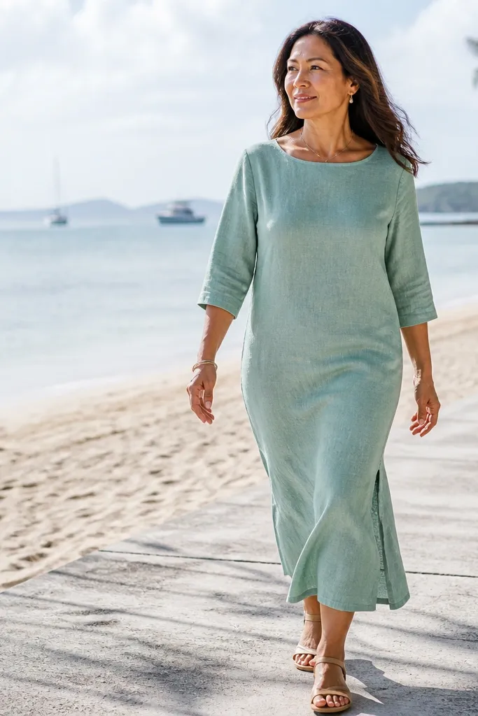 Seafoam green straight linen-blend dress with thin straps