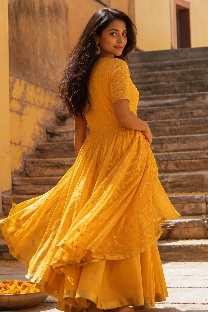 Saffron yellow dress with gathered skirt and subtle pleats