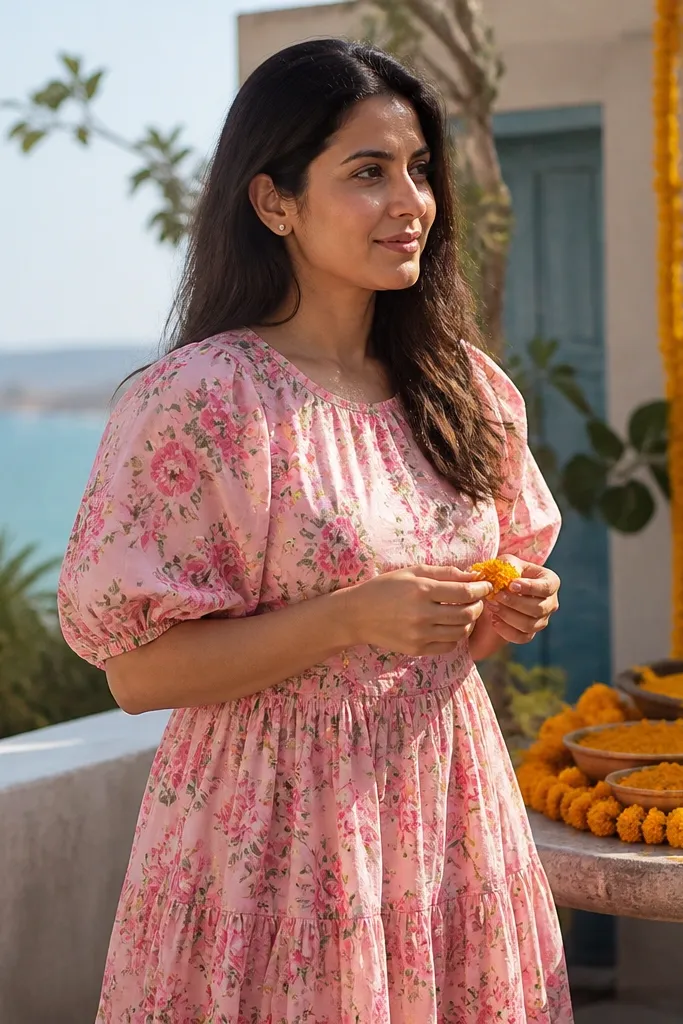 Rose pink floral print dress with puff sleeves