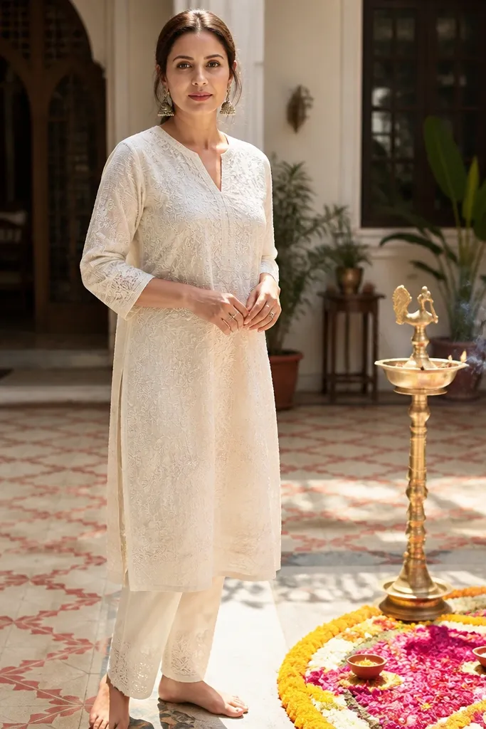 Ivory chikankari short kurta with slim matching pants