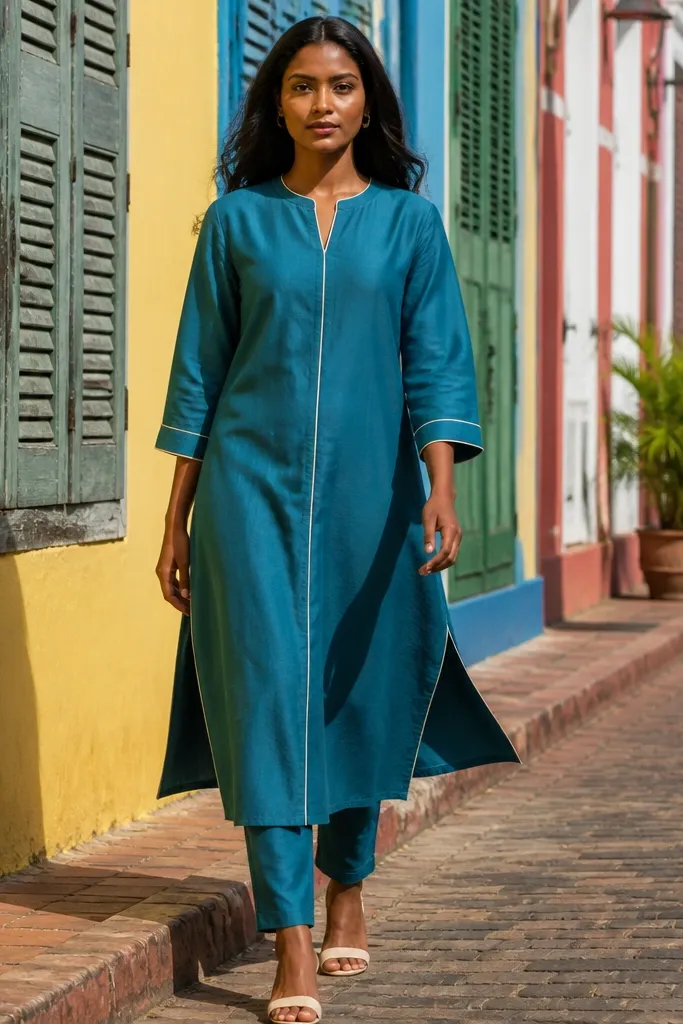 Teal-blue straight dress with contrast piping and simple earrings
