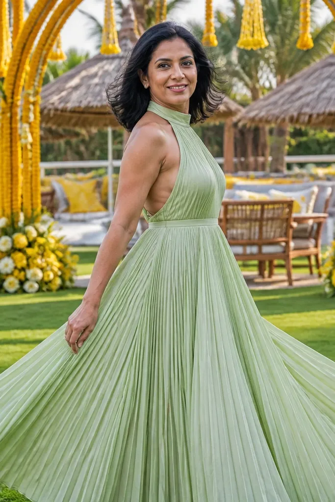 Pistachio pleated halter dress with open-back style