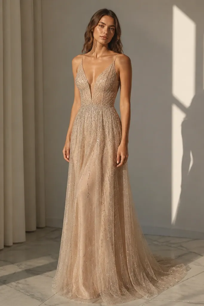 Champagne nude dress with sheer mesh overlay and fitted base