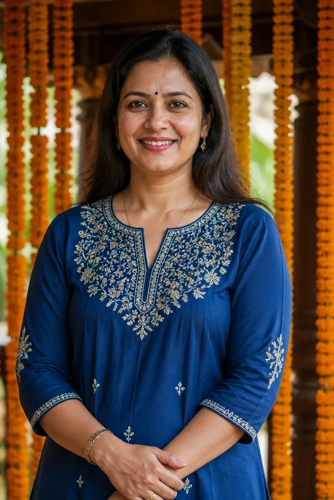 Sapphire blue cotton kurti dress with embroidered yoke
