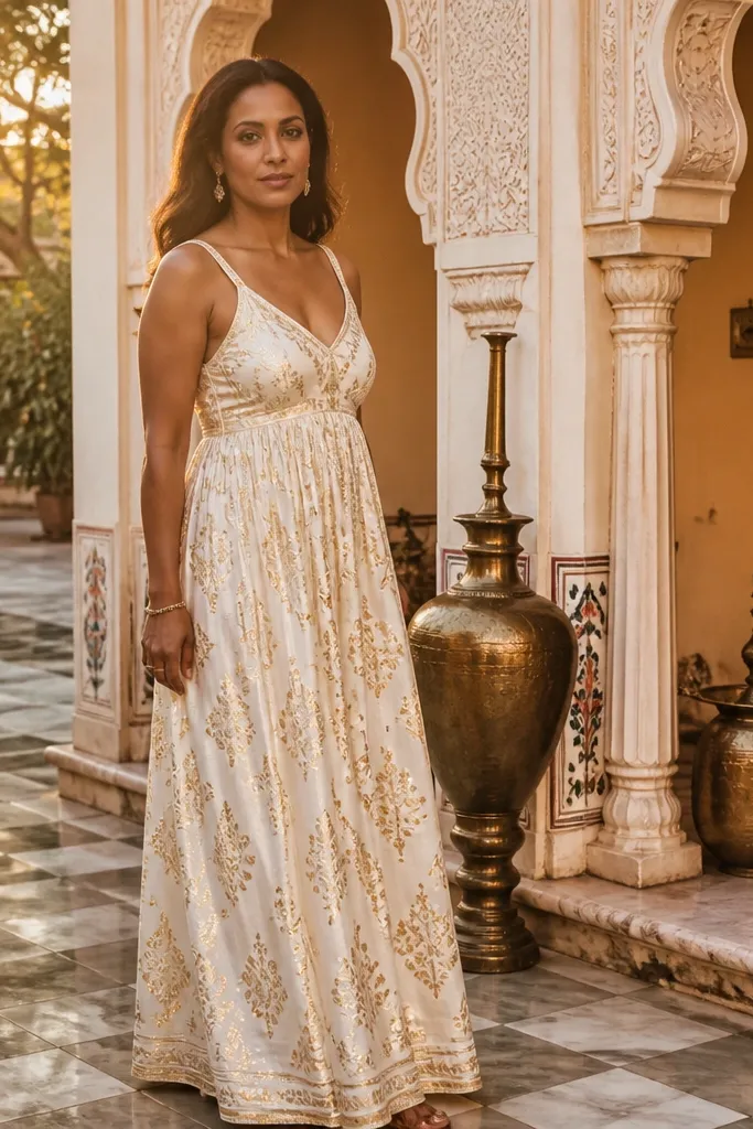 White and gold jacquard maxi dress with thin straps