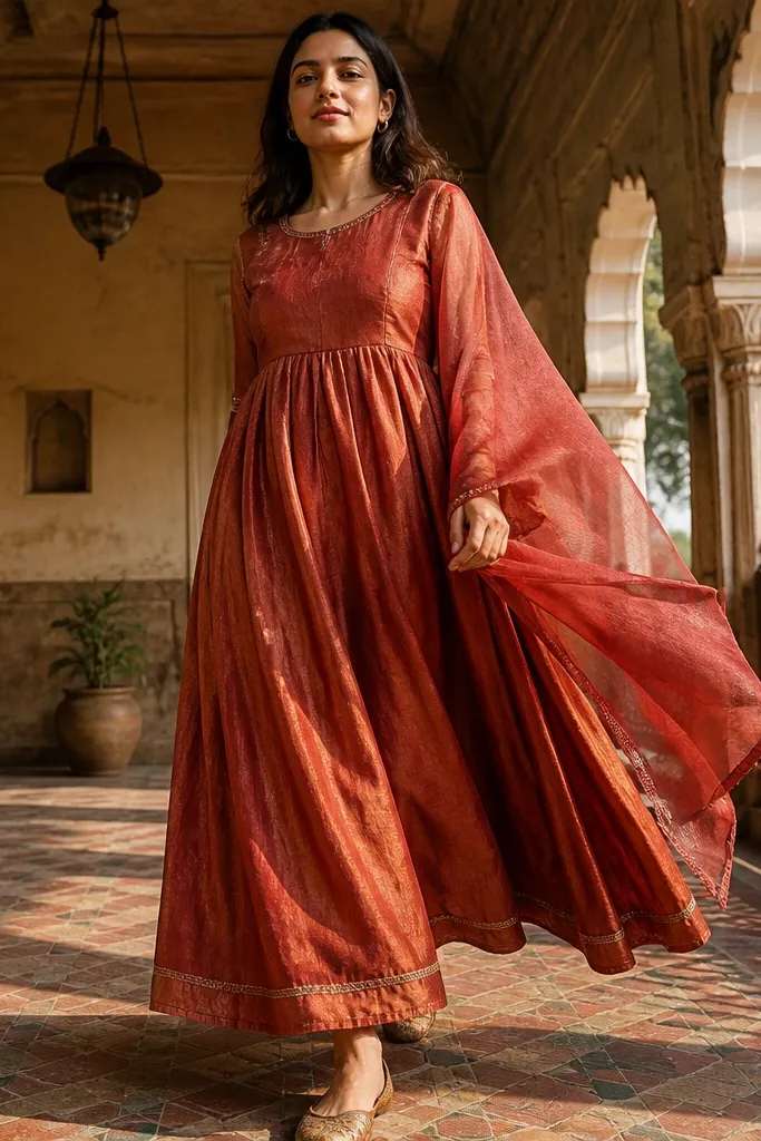 Brick red anarkali with sheer organza sleeves and a flared skirt