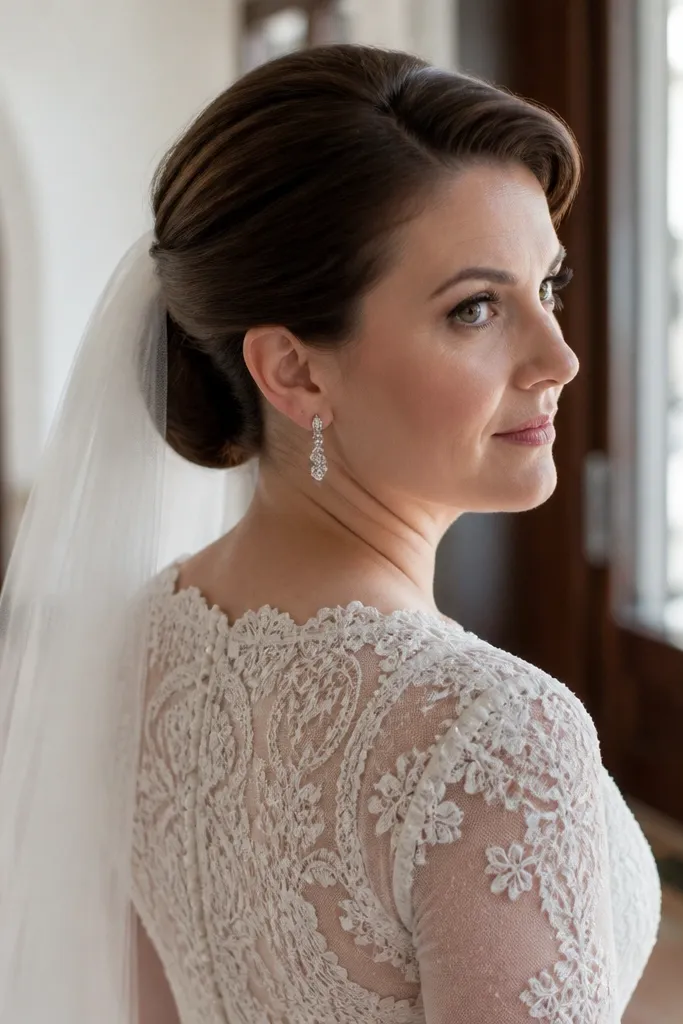Smooth low bun at the upper nape with a thin veil pinned close to the crown