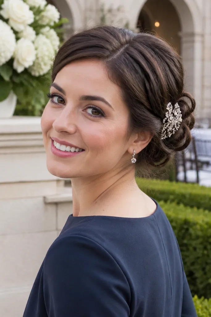 Side-swept low bun with two twists and one jeweled pin at the side
