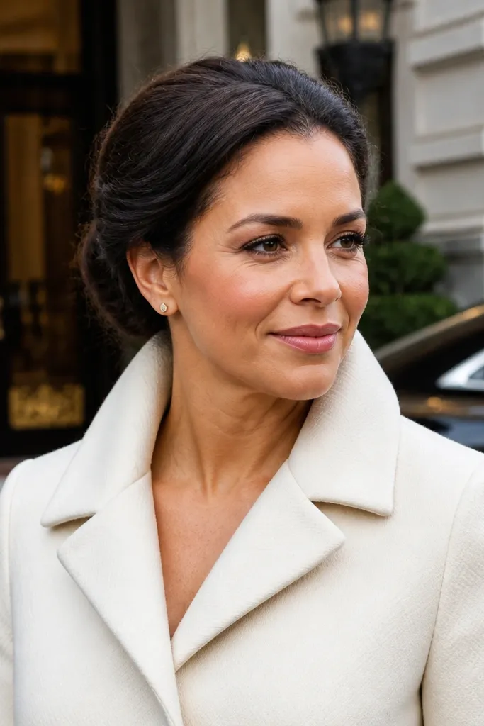 Low bun with a soft halo-like wrap and gentle volume at the crown