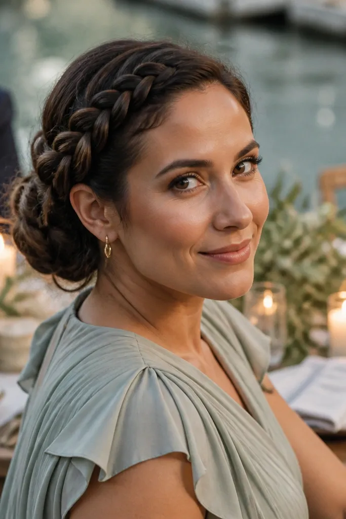 French braid swept across the side into a low bun
