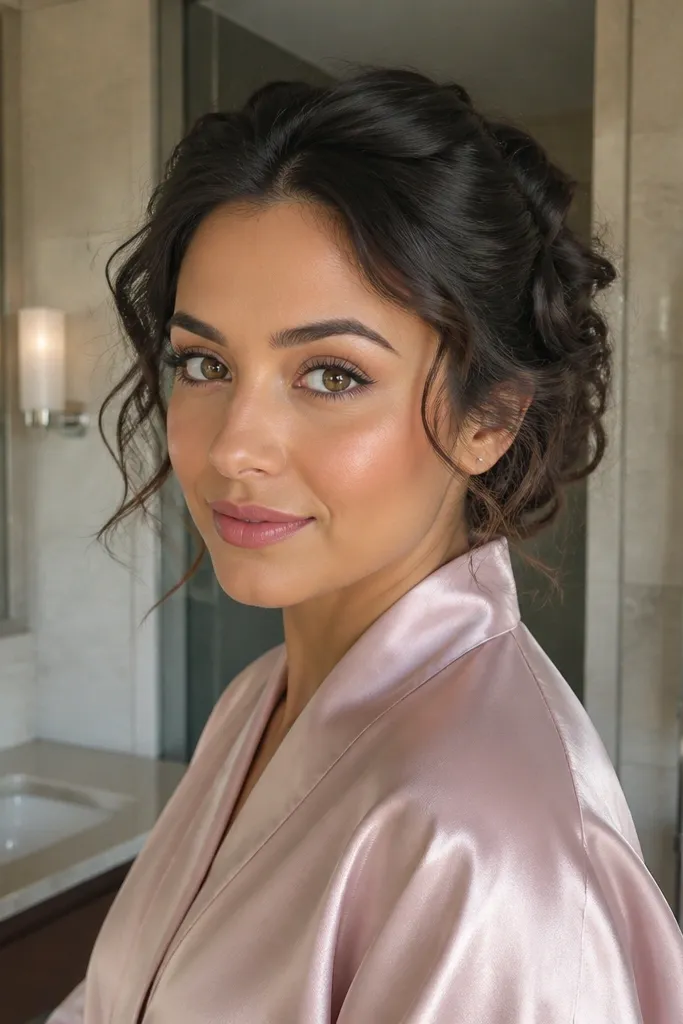 Low bun with subtle pin curls and a soft, airy texture