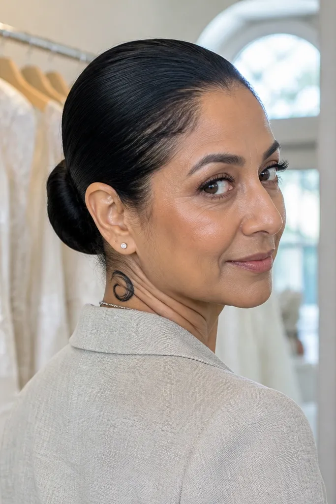 Sculpted low bun with smooth baby hair swirl at the nape