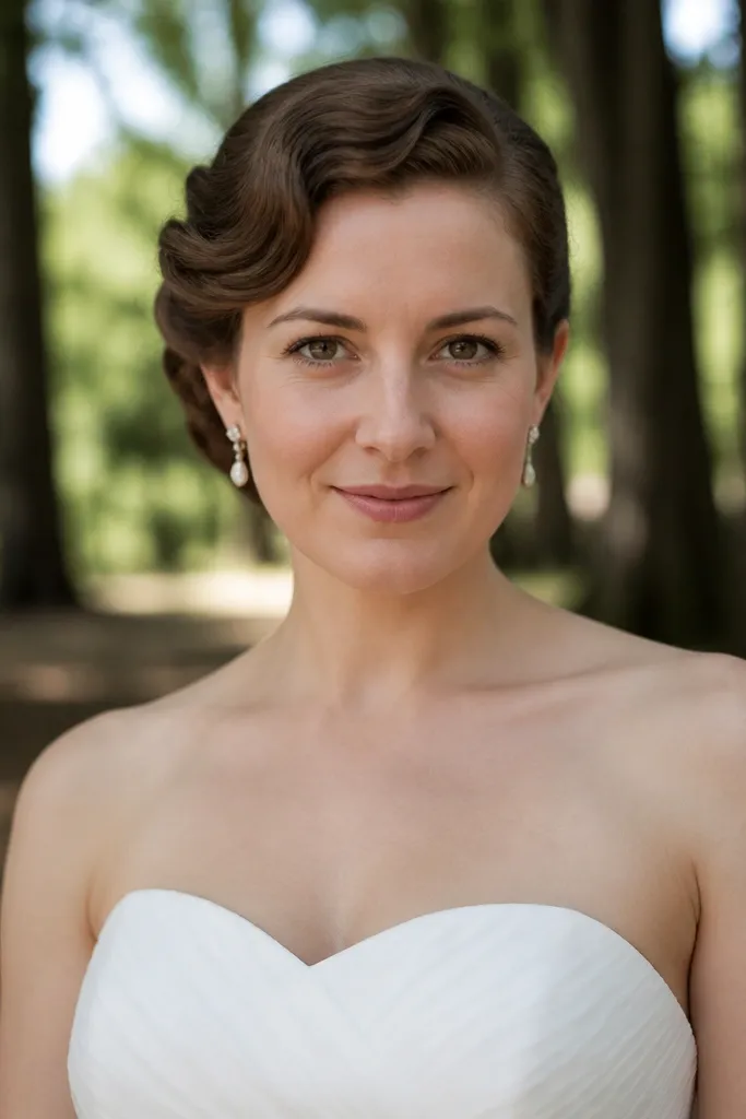 Low bun with curved pinned waves framing the crown