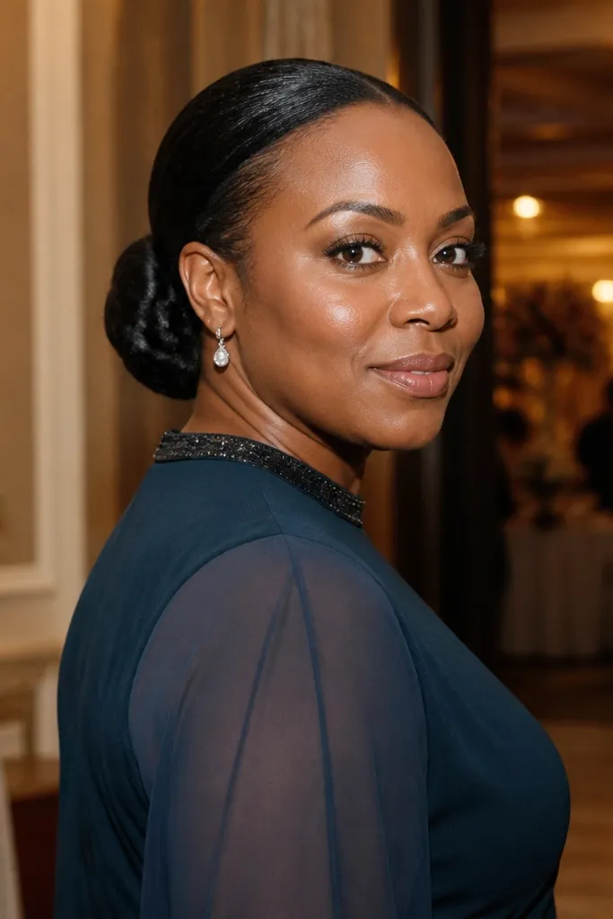Low bun with a braid hidden underneath and a smooth top layer