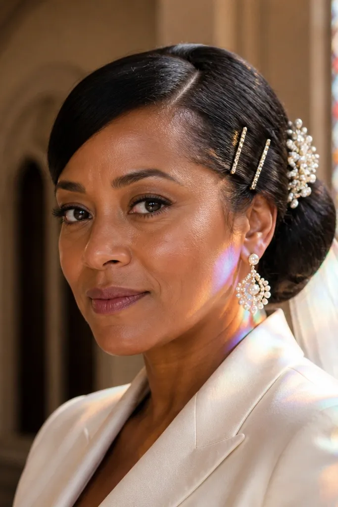 Low bun with side-parted twisted fringe pinned neatly along the forehead