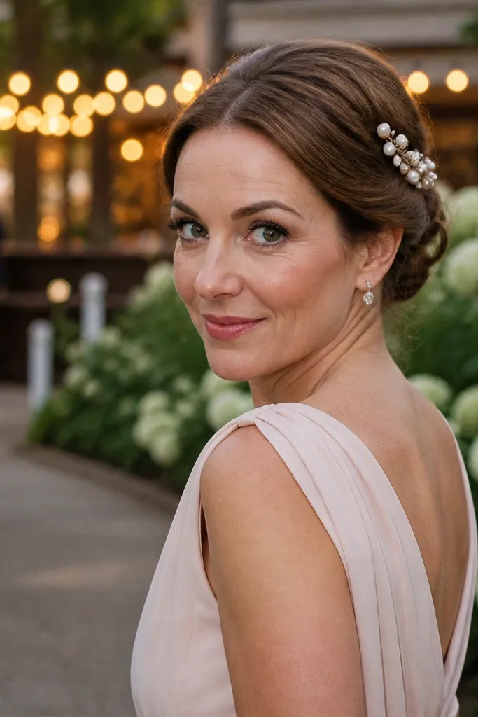 Double twists framing a low bun with a pearl cluster at the side