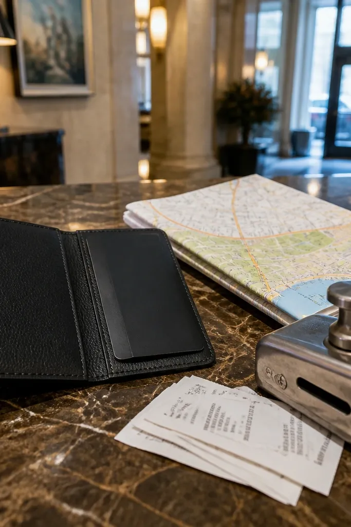 Black leather keycard wallet with a folded map showing two highlighted routes