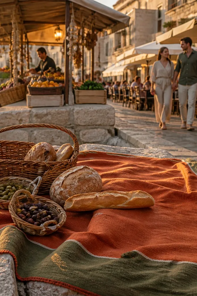 Terracotta and olive picnic blanket folded with a small card labeled market to dinner