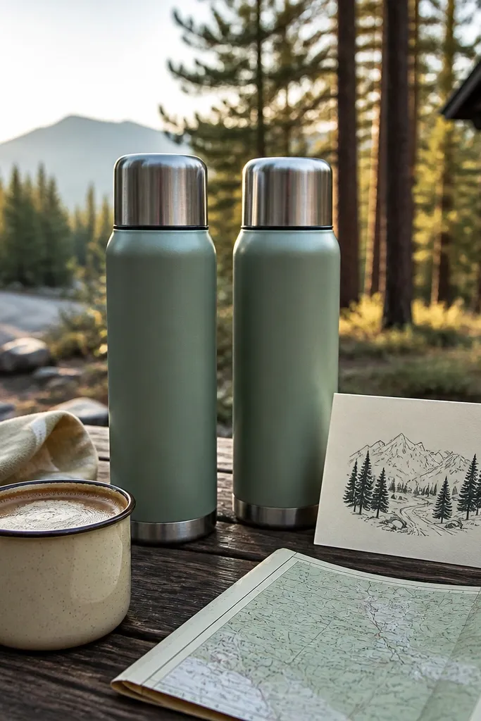Matching matte bottles in sage green with a card showing a morning coffee route