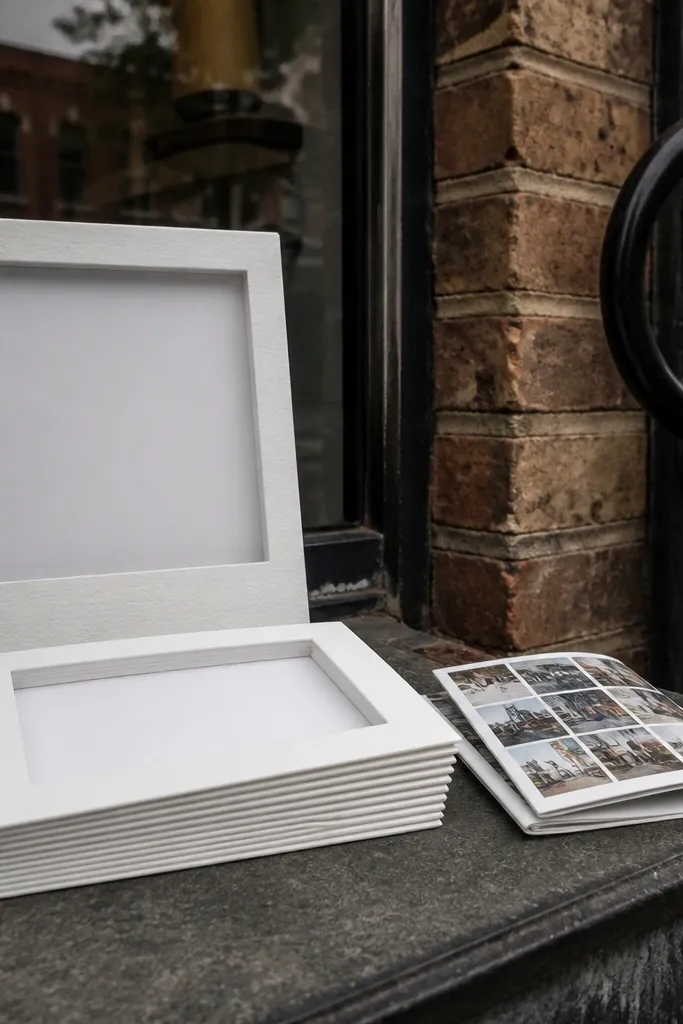 A mini guidebook with highlighted streets and two frames in cream and black