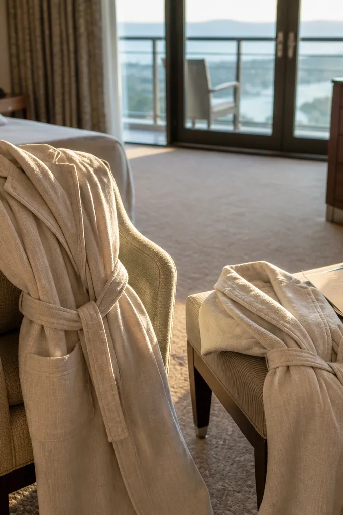 Cream linen robes folded with a card listing dinner near their hotel