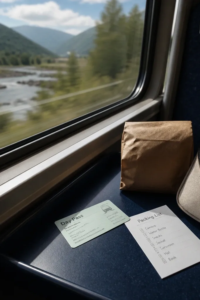A train pass folder with a card listing snacks, a scarf, and a phone mount