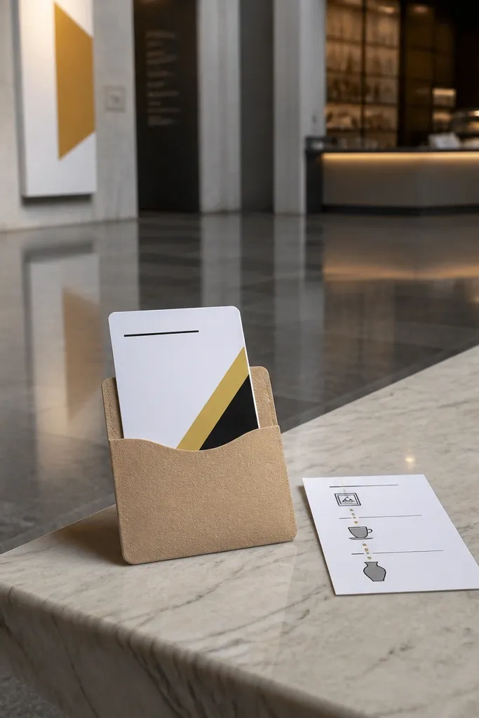 Museum membership card with a printed plan showing two exhibits and a cafe stop