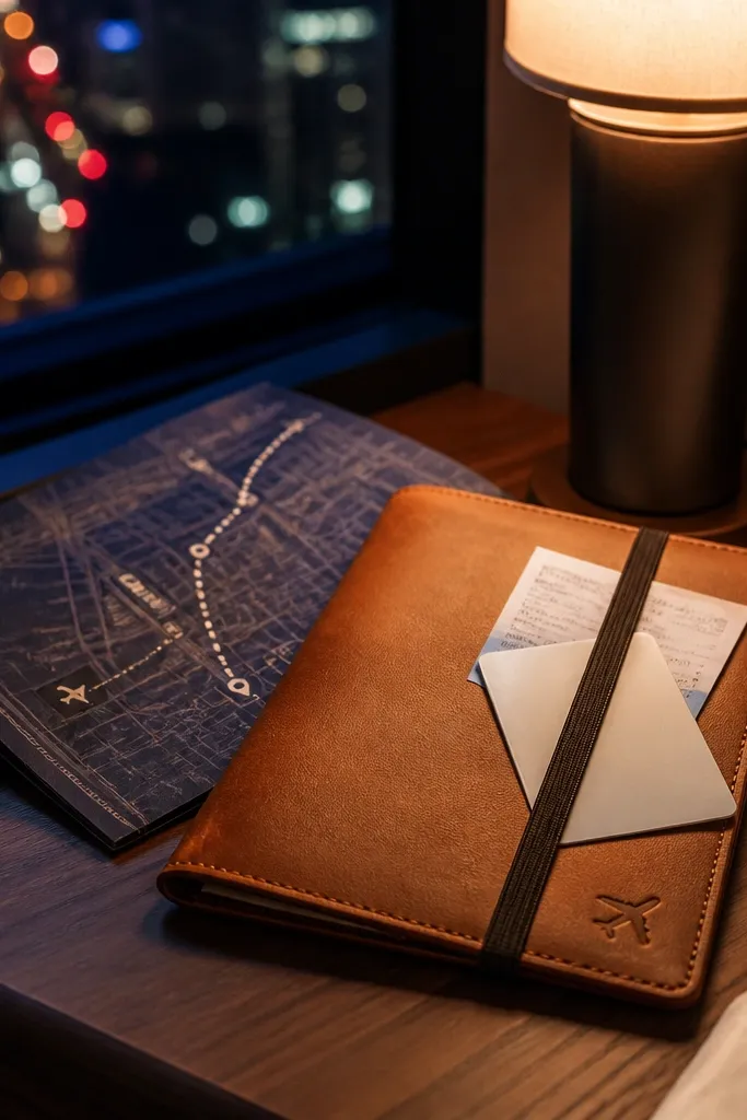 Tan leather passport cover with a simple night walk map from hotel to a viewpoint