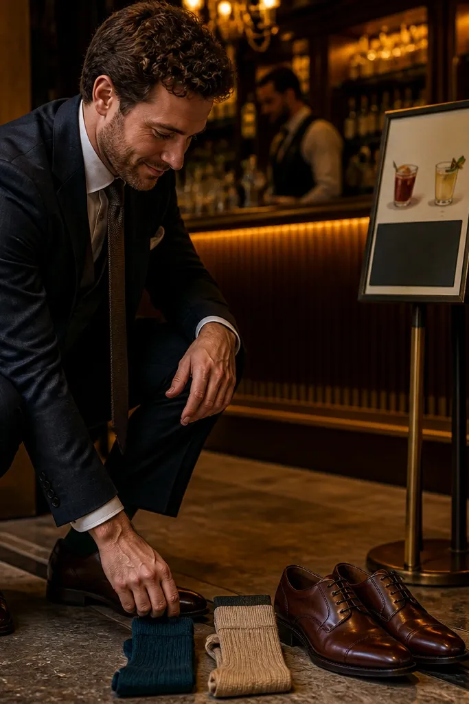 Matching socks in burgundy and cream with a card listing two bars and one signature drink