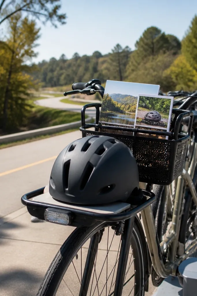 A bike rental gift card with a card showing helmet, sunglasses, and a bike rack spot