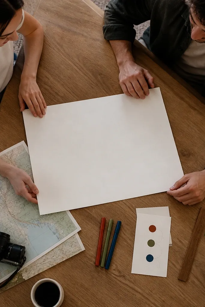 A travel poster kit with three color swatches and a card listing 3 stops
