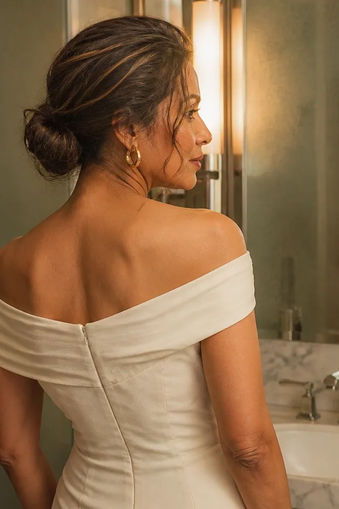 Messy low bun at the nape with two loose face-framing strands