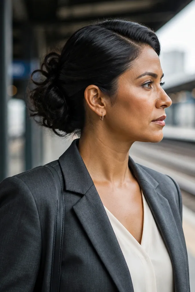 Low bun with a side part, sleek front, and messy texture at the back