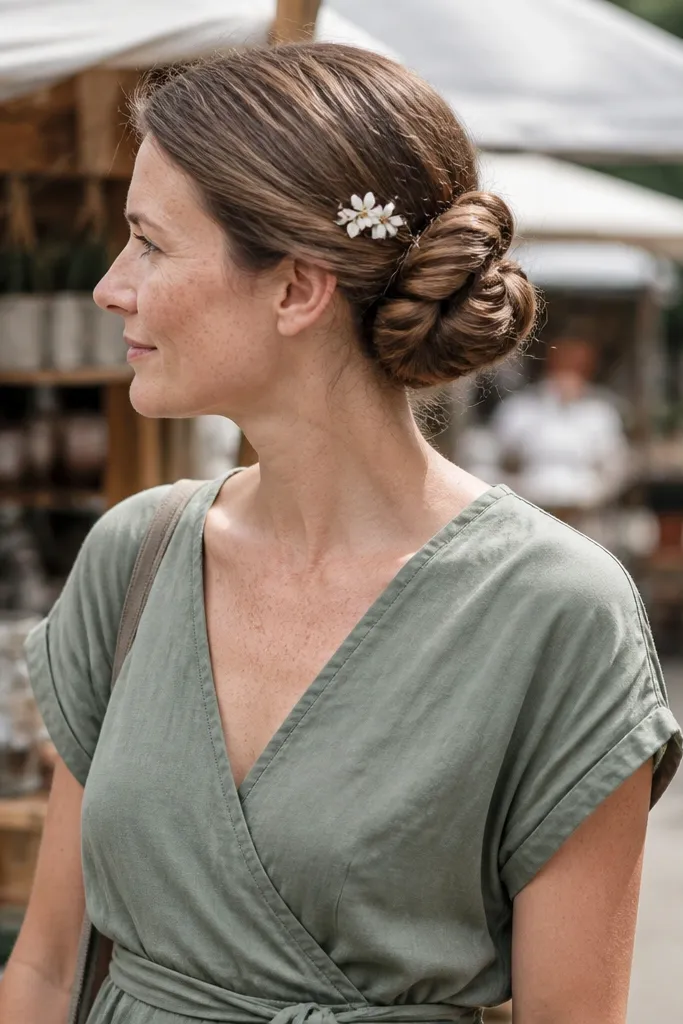 Rope-twisted low bun with a small hair flower clip near the side
