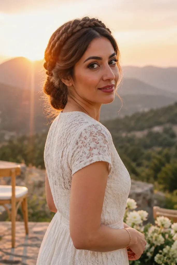 Low bun with a braided halo around the top and loose messy texture
