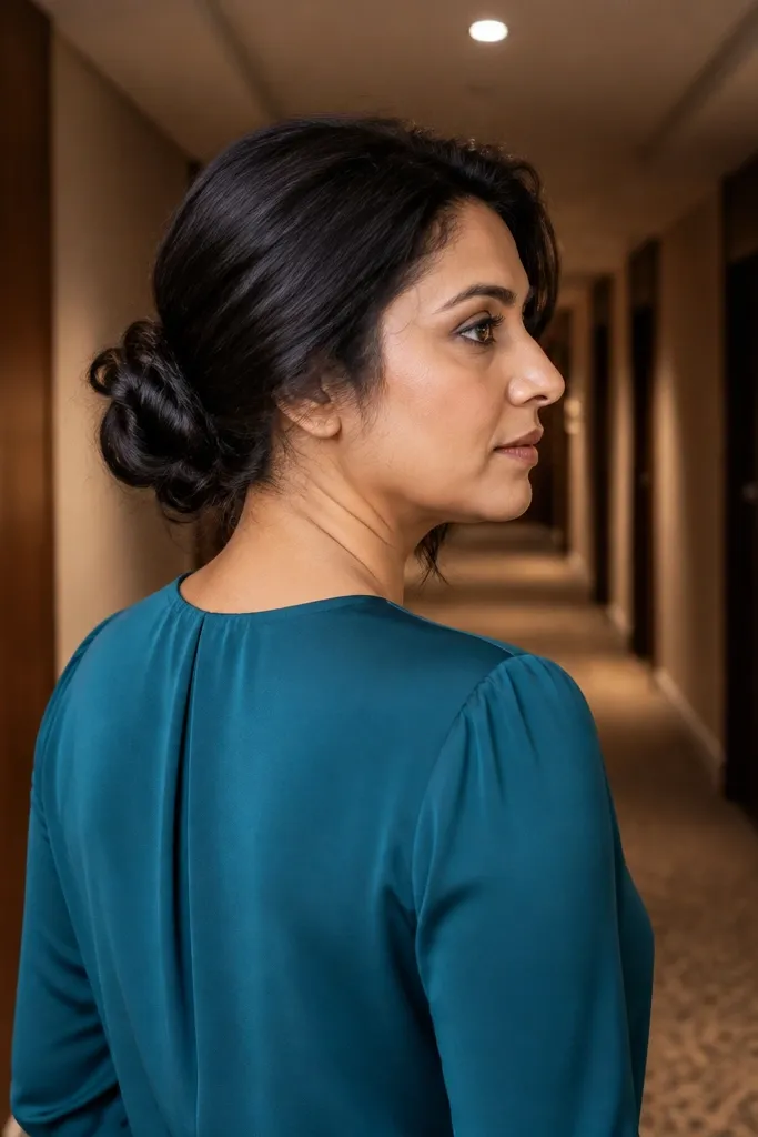 Low messy bun with a subtle under-loop twist at the base